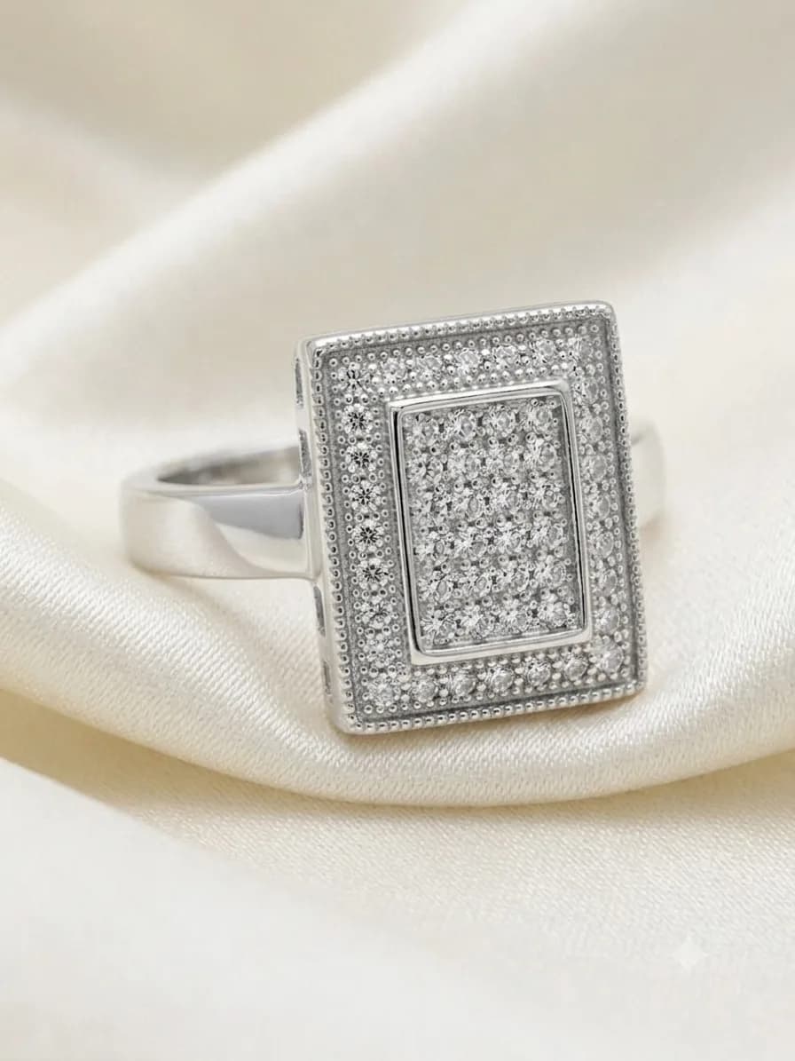 Silver Rectangular Pave CZ Signet Ring